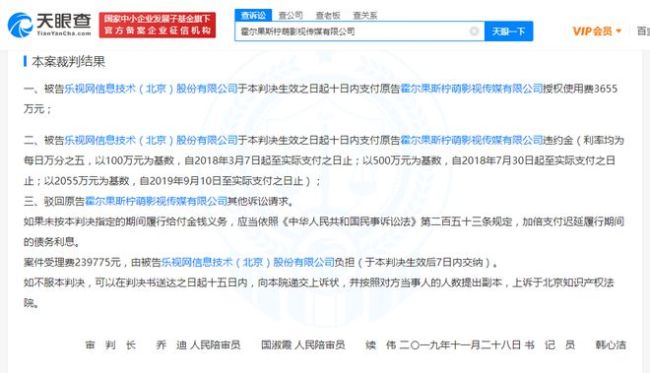 乐视网被判向柠萌影视付3655万《择天记》授权费