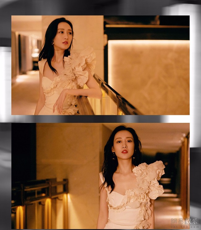 王鸥酒店走廊拍写真 穿白礼服身材性感迷人