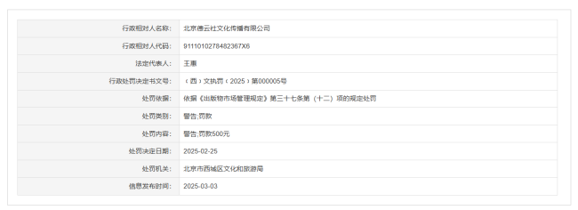 德云社未按规定接受年度核验 被罚款并警告