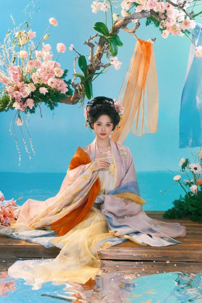 沈月穿古风长裙明媚娇俏 头簪粉花娇嫩甜好意思