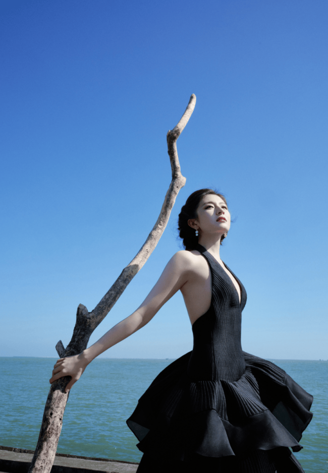 李兰迪挂脖深V礼裙勾勒身材线条 盘发造型精致利落