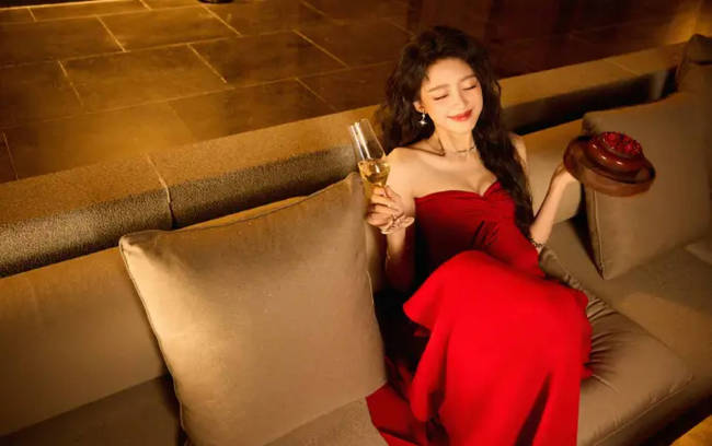 孙怡身穿红色抹胸长裙 手拿香槟庆生优雅明媚