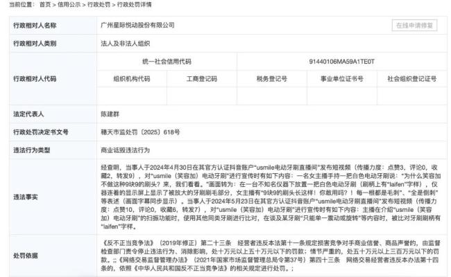 usmile笑容加因商业诋毁违法行为被罚,通过抖音传播贬低竞品牙刷
