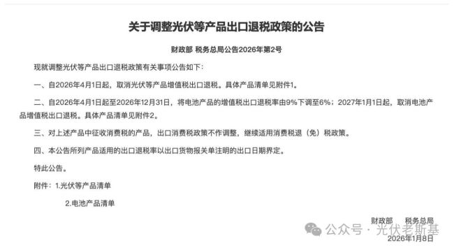 来源：光伏产品出口退税政策调整公告