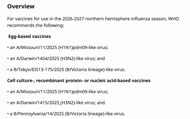 2026-2027年北半球流感季节        流感疫苗推荐成分         图片来源：WHO官网