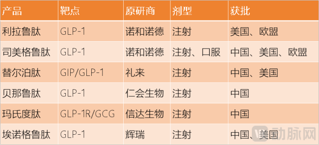 已上市的GLP-1药物  数据来源：根据公开信息整理
