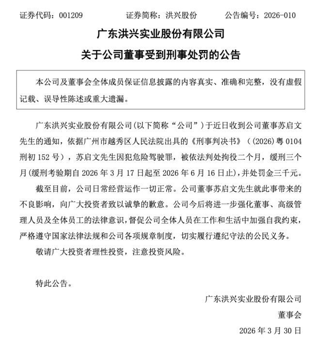 一董事犯危险驾驶罪被拘