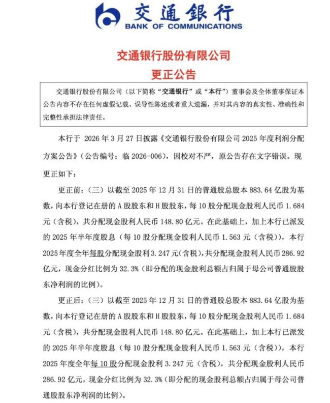 分红方案“每10股”错写“每股”，交行致歉