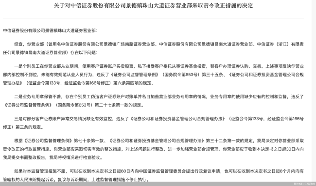因伪造客户证券账户对账单等违规行为，中信证券一营业部被监管责令改正