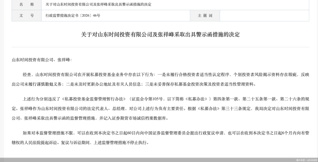 因未履行合格投资者适当性认定程序等问题，山东时间投资被监管警示
