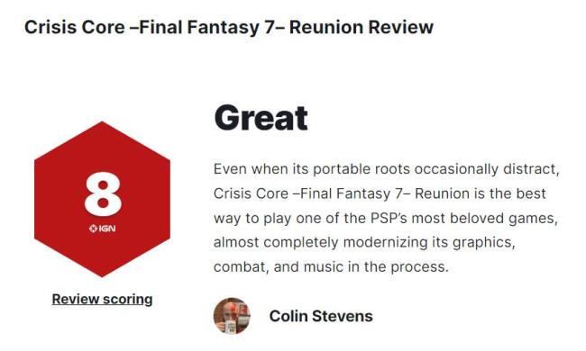 引人入胜 《最终幻想7：核心危机-重聚》获IGN 8分评价