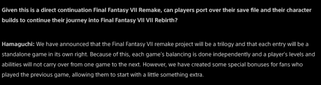 《最终幻想7：重生》将不支持使用重制版旧存档
