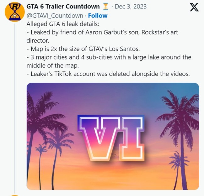 传《GTA6》首个预告片段泄露 2024年秋季发售