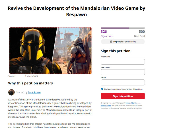 粉丝联手请愿，呼吁EA重启被取消的《星球大战：曼达洛人》游戏项目