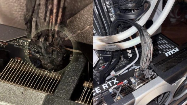 RTX5090原装电源线起火面目全非 CPU水冷管遭波及