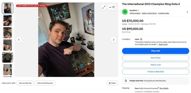 Dota2 ti3冠軍戒指被掛拍賣平台 7萬美元起拍無人問津