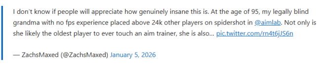 职业玩家展示自己95岁神枪手祖母 没玩过FPS但瞄准天赋惊人
