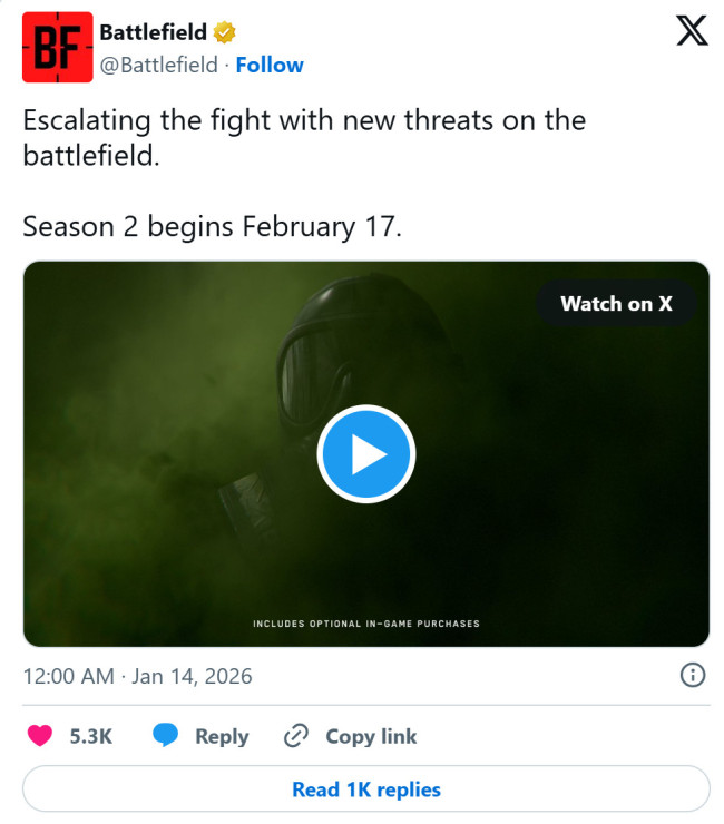 《战地6》第二赛季延期一个月 将于2月17日上线