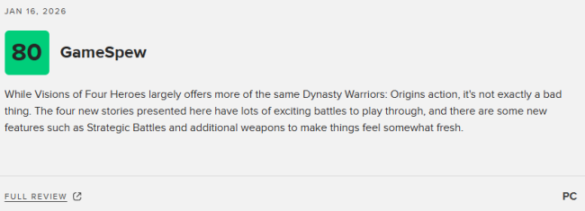 《真三国无双：起源》DLC“梦幻四英杰”M站82分：物有所值！