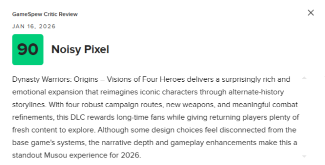 《真三国无双：起源》DLC“梦幻四英杰”M站82分：物有所值！