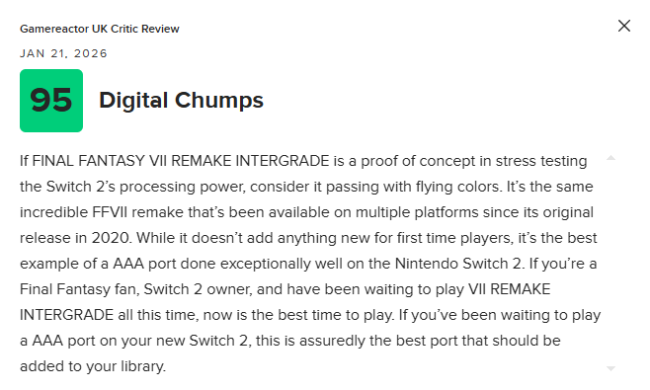 《最终幻想7：重制版》NS2版M站均分89分：移植游戏的最佳范例！