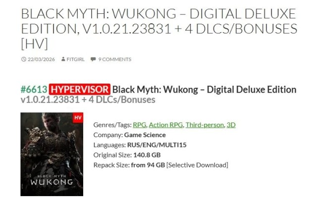 Fitgirl发布《黑神话：悟空》重打包版本 内置虚拟机绕过D加密程序