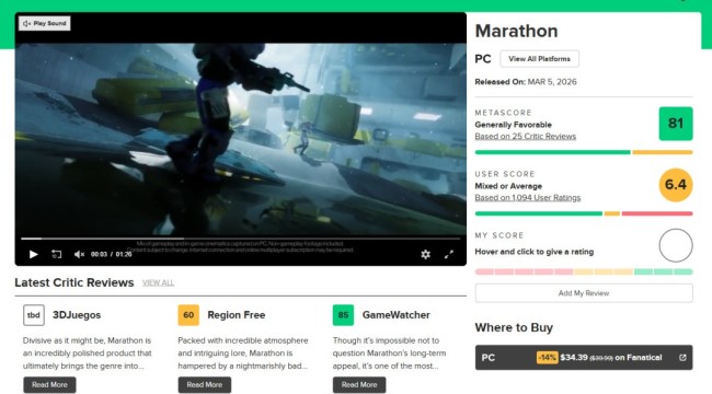 《马拉松》PC版媒体评分解禁 GameSpot给出9分好评