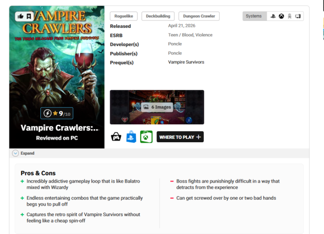 《吸血鬼幸存者》卡牌衍生作《吸血鬼探索者》M站均分80好评：令人上瘾！