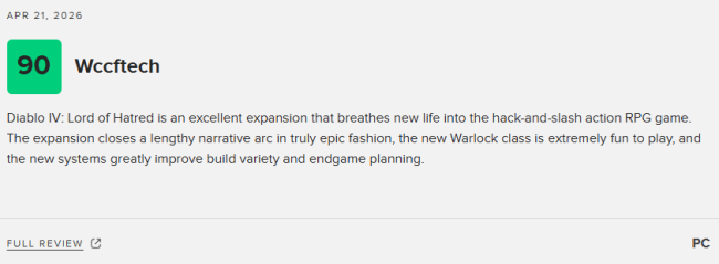 《暗黑破坏神4：憎恨之王》M站评分82分：剧情和新职业好评 但有瑕疵