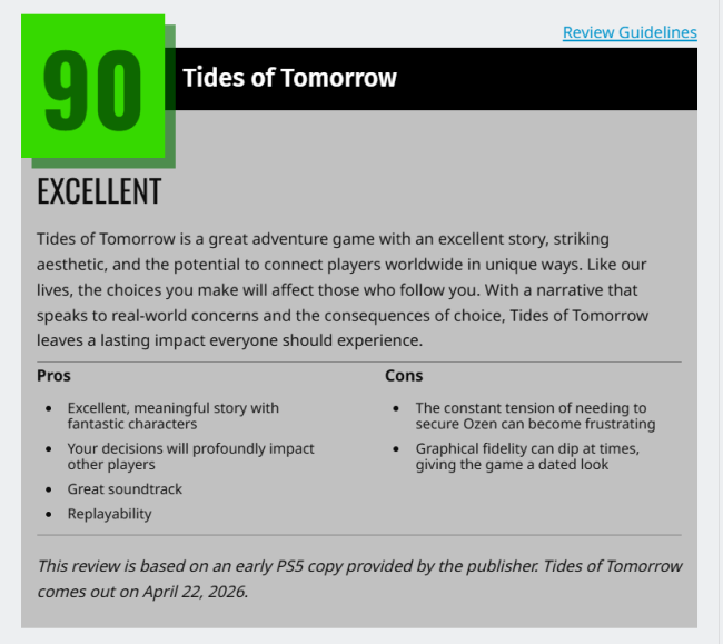 《明日潮汐》M站均分75好评：难忘的旅程！