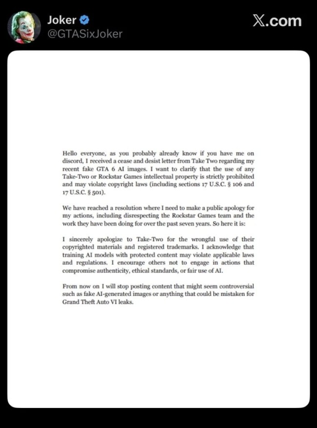 律师函警告！用户因伪造《GTA6》截图被Take-Two起诉