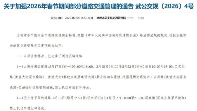 春节期间 武汉以下路段禁止机动车通行、停放