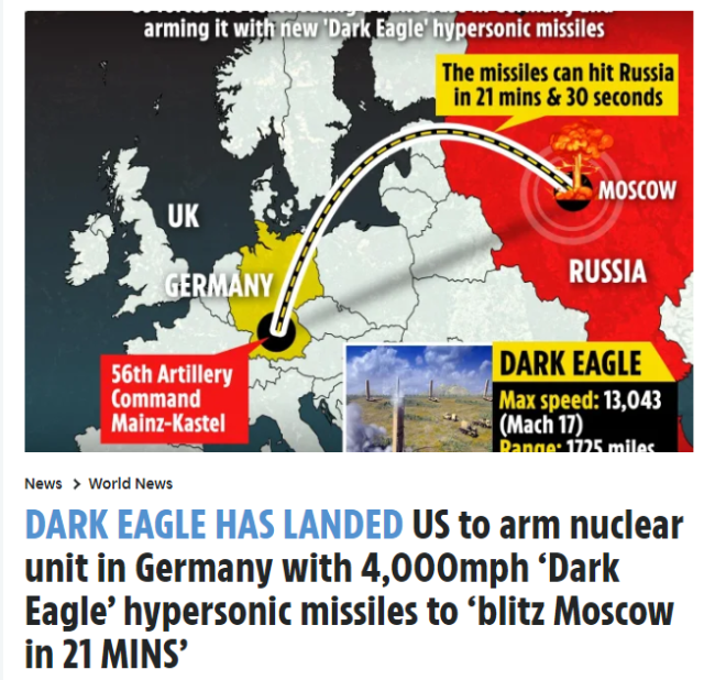 英国《太阳报》10日称，美国最近在德国重新启用自冷战以来的第一支核作战部队，并将装备“暗鹰”远程高超音速导弹。该导弹在完成开发和部署后，将能以每小时4000英里的速度飞行，在短短21分30秒内就能“闪电突袭莫斯科”。