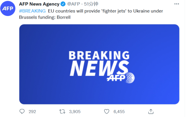 欧盟高级官员：欧盟国家将向乌克兰提供战斗机