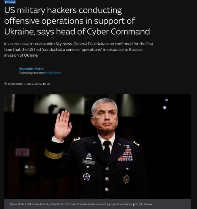 美国安局长首度承认：美军黑客多次支援乌克兰
