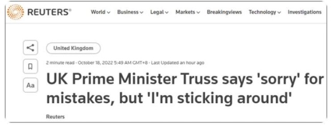 英首相特拉斯拒绝辞职，称已经“及时纠正了错误”我还要服务国家