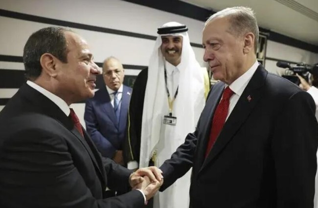 在2022年世界杯开幕式上，土耳其总统埃尔多安（右）与埃及总统塞西握手 图源：视觉中国