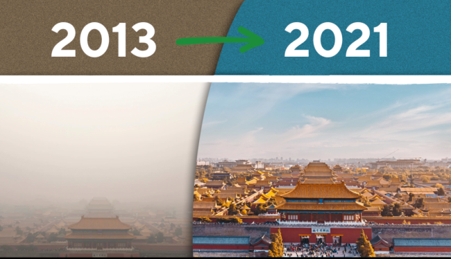 2013年与2021年北京天空的对比,体现中国治理空气污染所取得的巨大