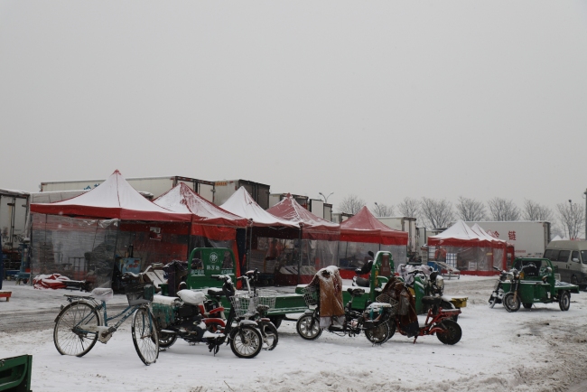降雪天气，蔬菜交易区商户都搭上了透明帐篷。新京报记者 陈琳 摄