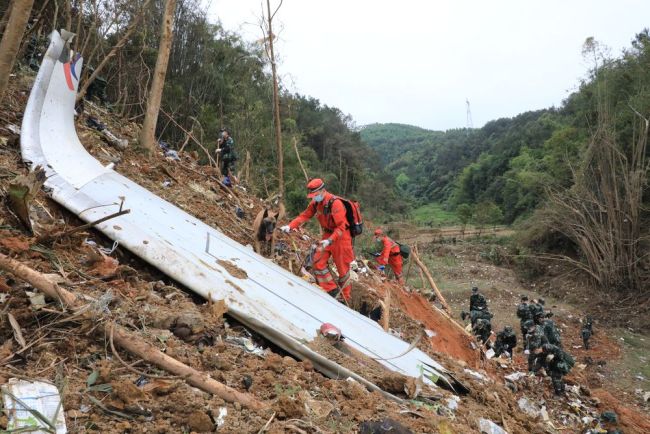 3月22日，在广西梧州藤县，武警广西总队官兵在东航MU5735航班坠机事故现场核心区搜索黑匣子。新华社发（江怀鹏 摄）