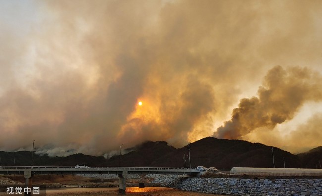 韩国江原道北部发生森林大火浓烟滚滚