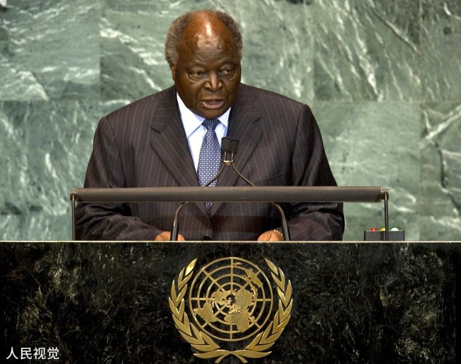 当地时间2010年9月23日，美国纽约，肯尼亚时任总统姆瓦伊·齐贝吉。