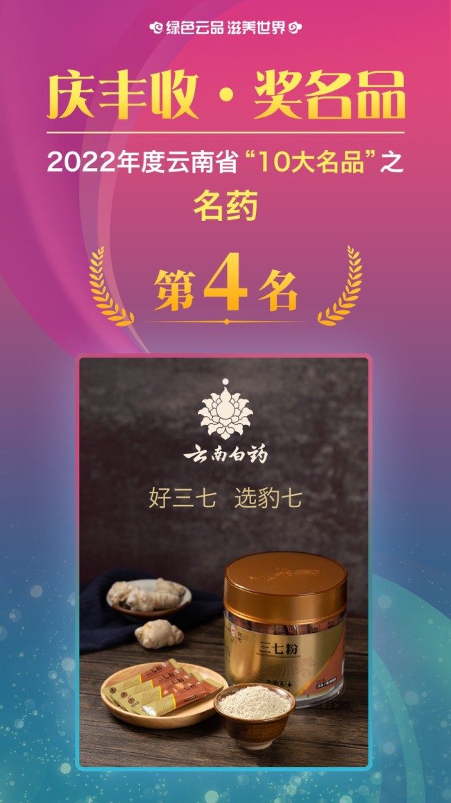 获得2022年云南省“10大名中药材”的是：昆明市 云南白药集团中药资源有限公司 豹七