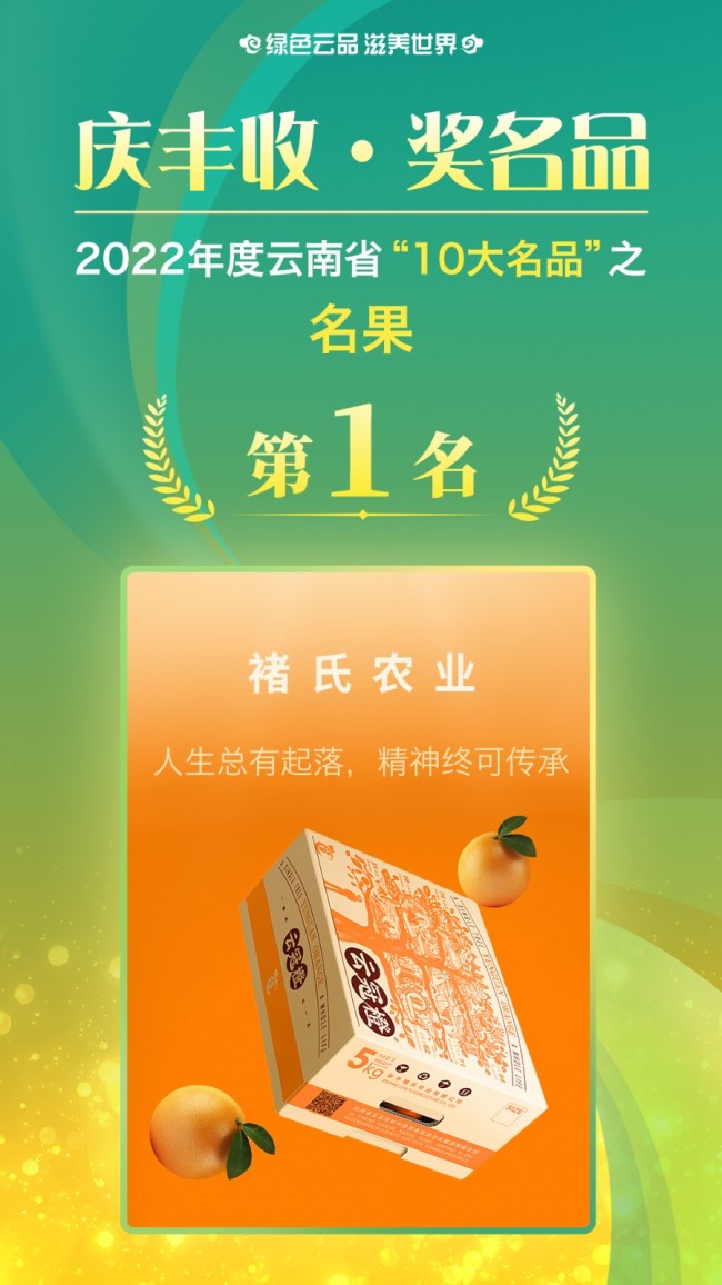获得2022年云南省“10大名果”的是：玉溪市 新平褚氏农业有限公司  褚橙