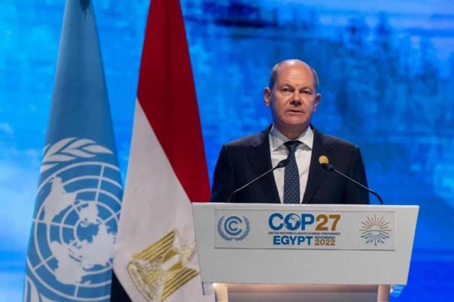 ▲11月7日，在埃及沙姆沙伊赫，德国总理朔尔茨在COP27大会上发表讲话。（美联社）