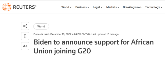 白宫：拜登将于下周宣布美国支持非洲联盟加入G20