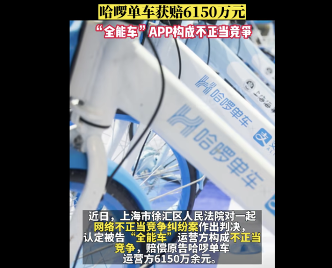 哈啰单车获赔6150余万元 
