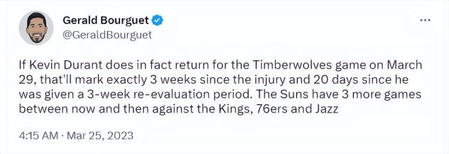 曝杜兰特计划下周四复出 詹杜有望常规赛交手 联盟又该怕太阳了？