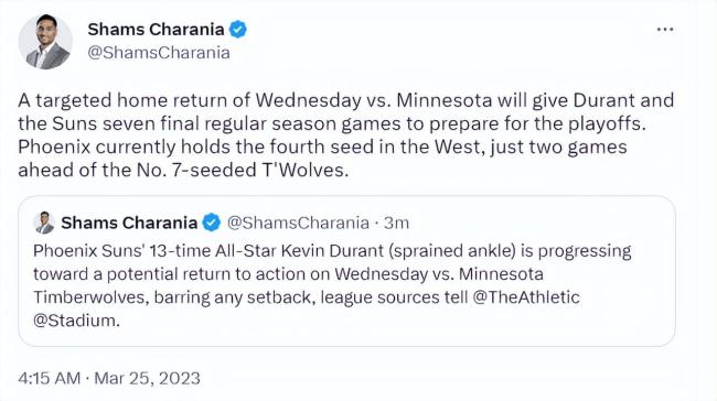 曝杜兰特计划下周四复出 詹杜有望常规赛交手 联盟又该怕太阳了？