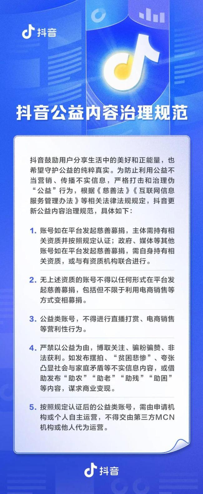 抖音禁止公益类账号变现 具体规范如下：